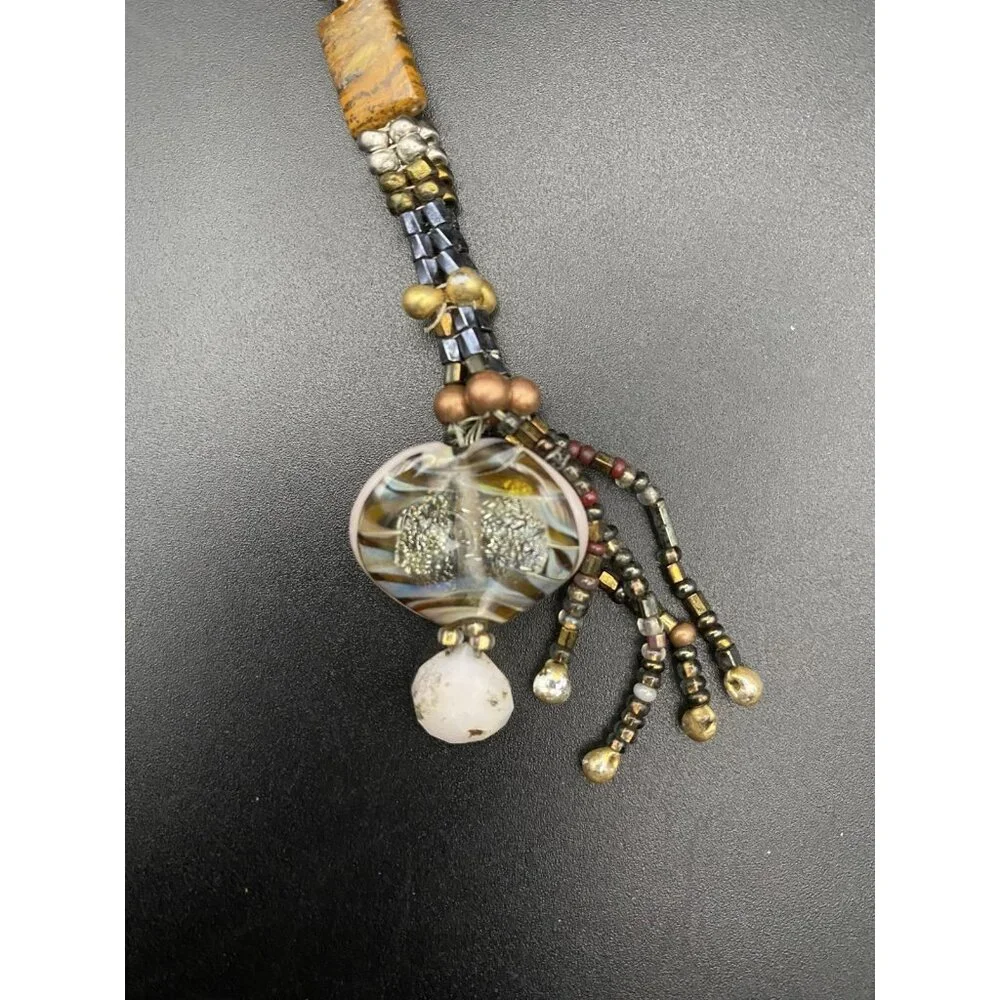 Artisan  Necklace Boho Natural Stone Shell Glass Bead Antiqued Bronze Toggle 38" - Picture 10 of 13